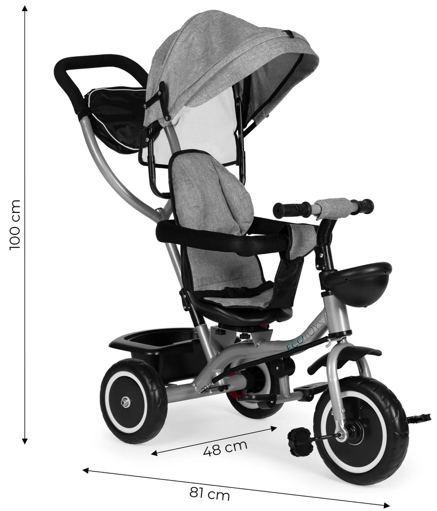ECOTOYS Trojkolka 2v1 s otočným sedadlom + sklopná strieška - sivá