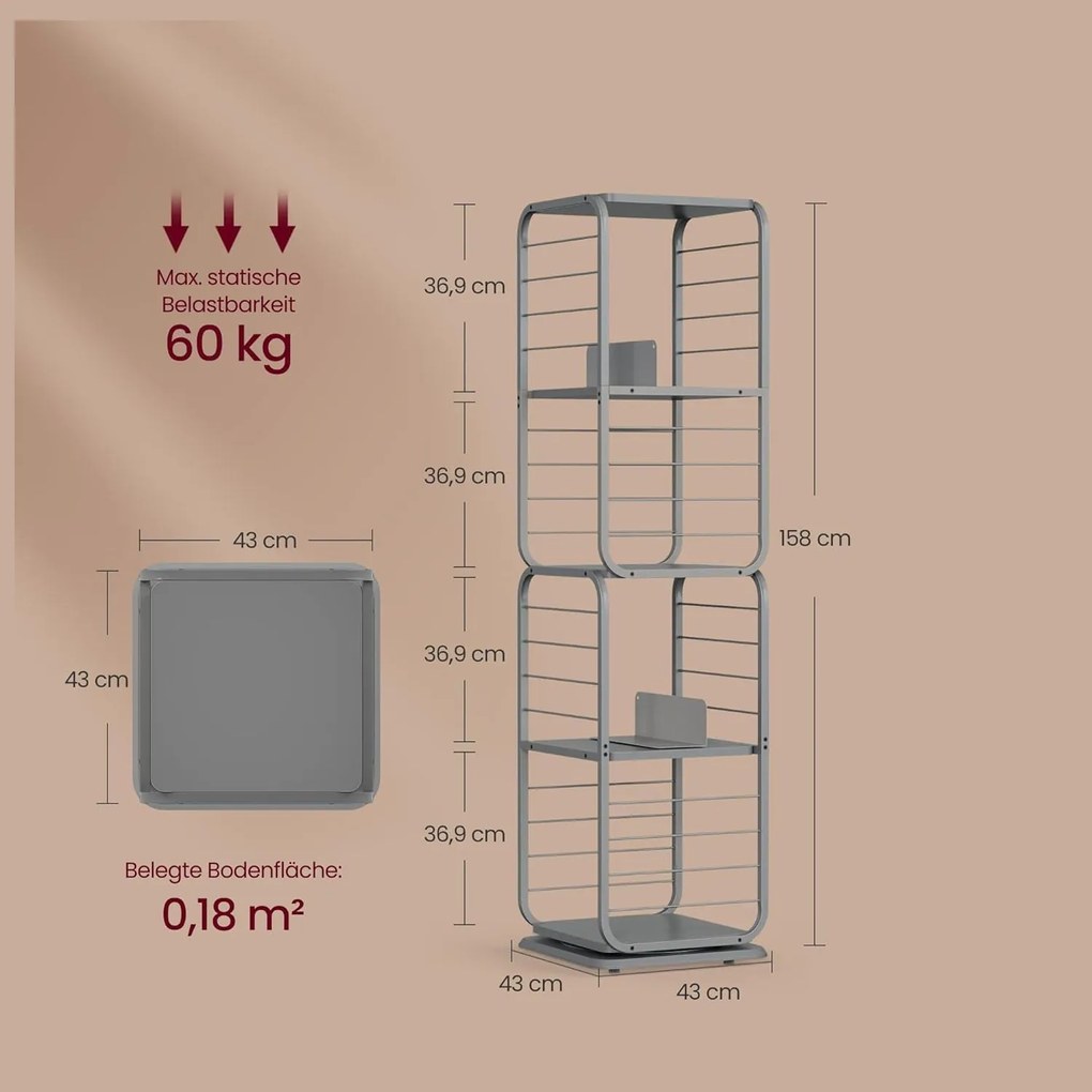 4-poschodová otočná polica na knihy, knižnica s oceľovým rámom, sivá
