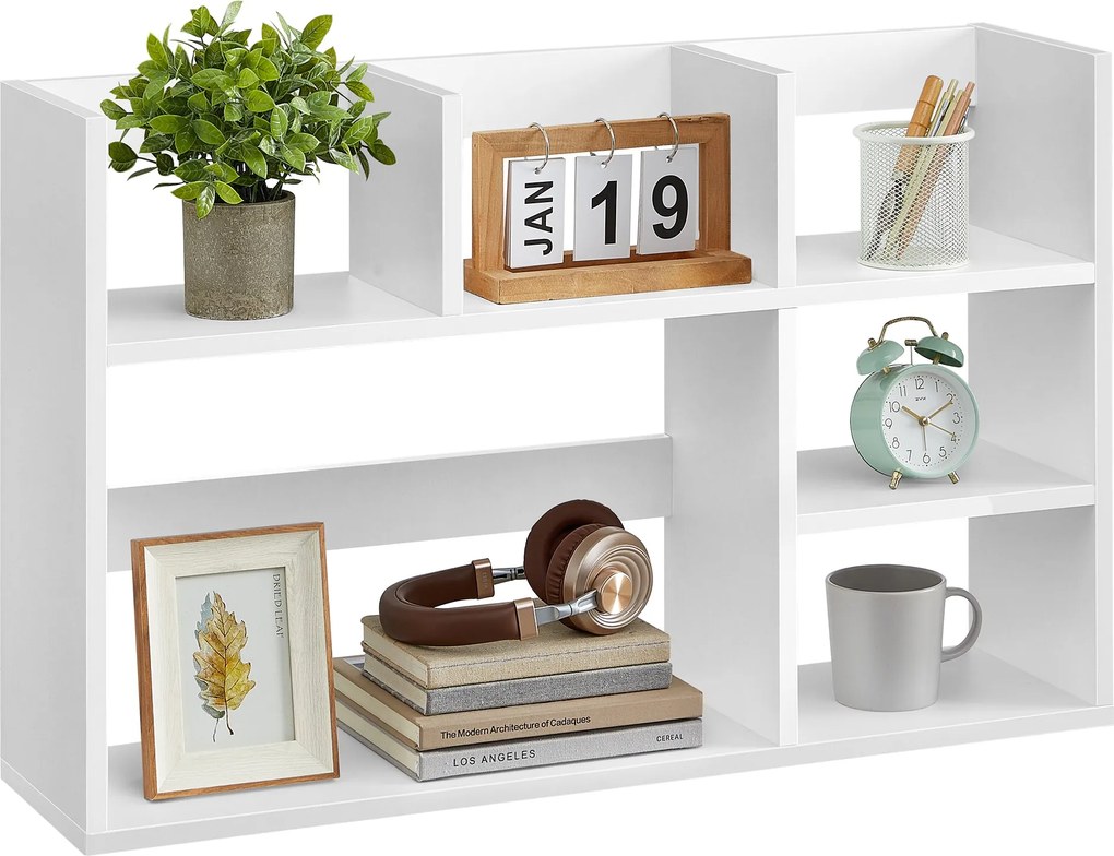 Polica na písací stôl, organizér so 6 policami, 80 × 20 × 50 cm, biely