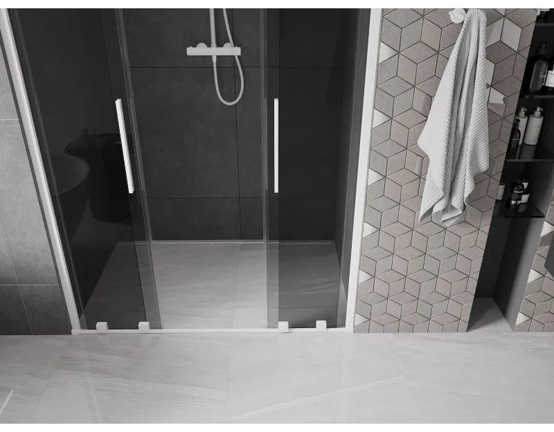 Mexen Velar L Duo, posuvné sprchové dvere do otvoru 160 cm, 8mm šedé sklo, biela matná, 871-160-003-42-20