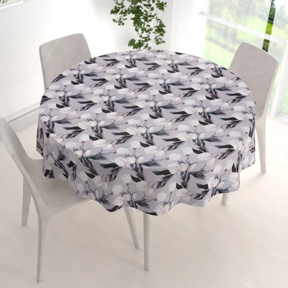 Biante Dekoračný okrúhly obrus PML-034 Biele tulipány na sivom Ø 120 cm
