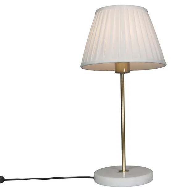 Retro stolná lampa mosadz s plisovaným tienidlom bielym 25 cm - Kaso