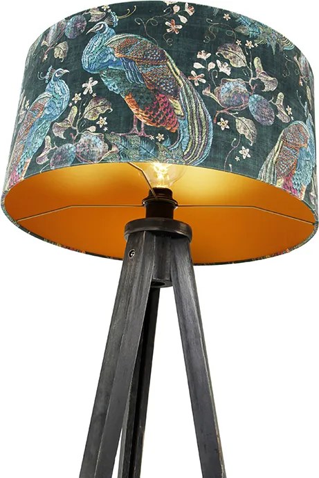 Stojaca lampa trojnožka čierna s tienidlom páv 50 cm - Tripod Classic