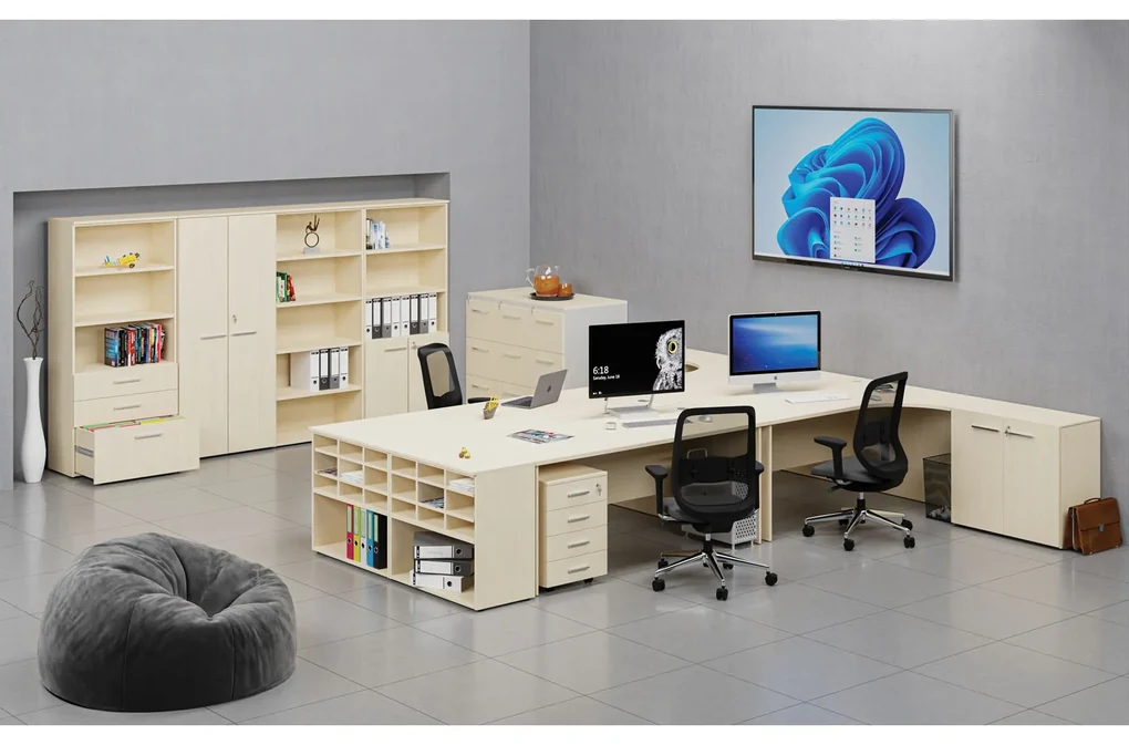 Kombinovaná kancelárska skriňa PRIMO WOOD, dvere na 2 poschodia, 800 x 420 x 2128 mm, breza