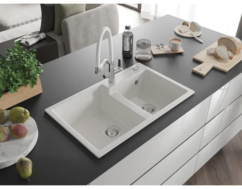 Mexen Tomas, 2-komorový granitový drez 800x500x190 mm a kuchynská batéria Duo, biela, 6516-20-671701-02