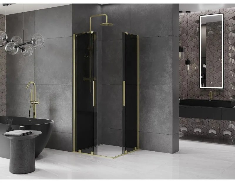 Mexen Velar Duo, sprchový kút s posuvnými dverami 100 x 100 cm, 8mm šedé sklo, zlatá matná, 871-100-100-42-55