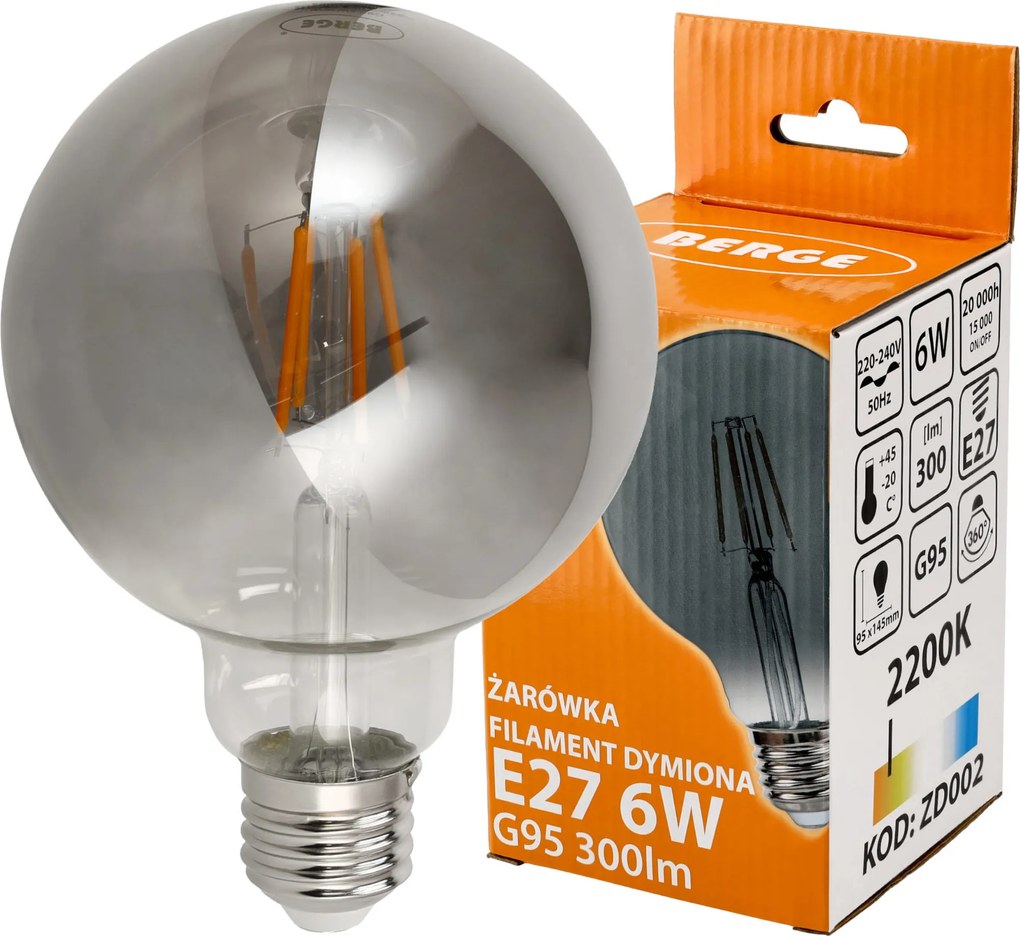 BERGE LED žiarovka G95 - E27 - 6W - FILAMENT - dymová - teplá biela