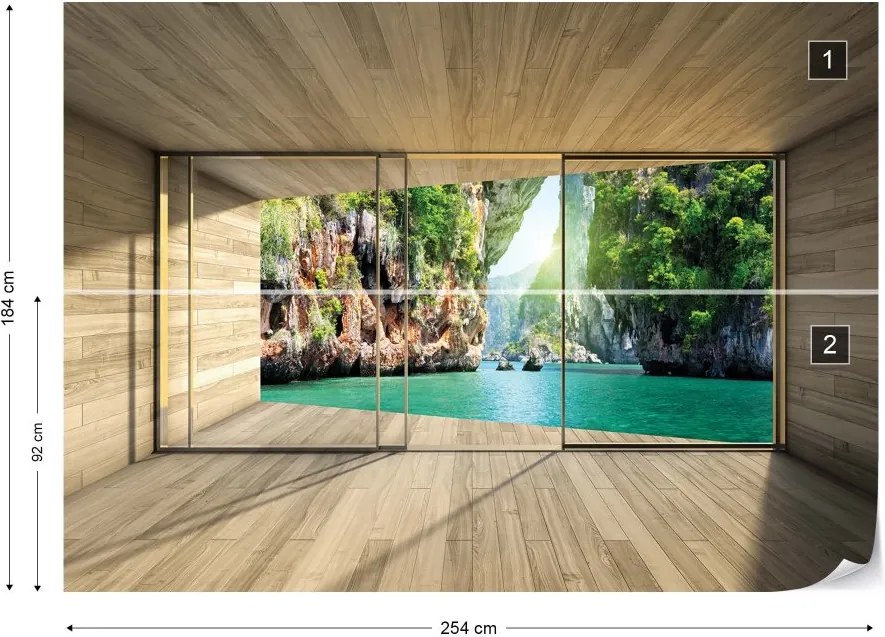 GLIX Fototapeta - Tropical Lagoon 3D Modern Window View Vliesová tapeta  - 254x184 cm