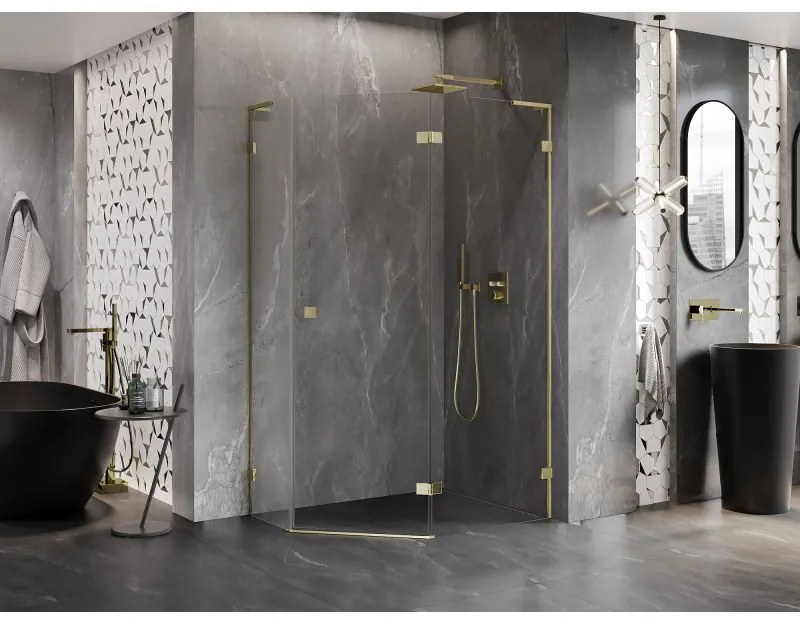 Mexen Lunar, L pravý výklopný päťuholníkový sprchový kút 100 x 90 cm, 8mm číre sklo, zlatý profil, 831L-100P-090L-50-00-P