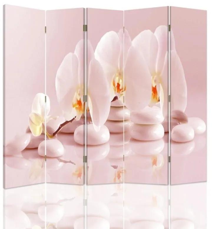 Ozdobný paraván Orchidejové květinové zenové lázně - 180x170 cm, päťdielny, obojstranný paraván 360°