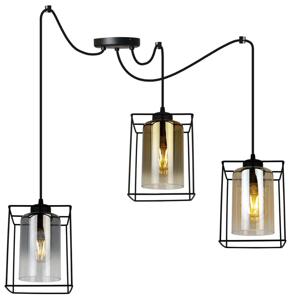 Závesné svietidlo Hella cage spider, 3x sklenené tienidlo (mix 3 farieb) v kovovom ráme