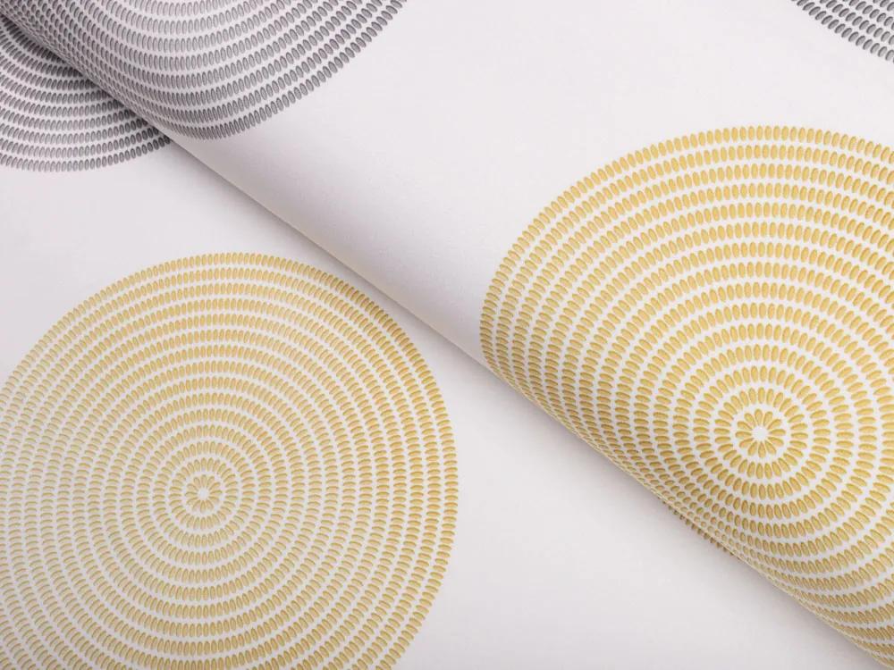 Biante Zamatový obdĺžnikový obrus Tamara TMR-023 Žlté a sivé designové kruhy na smotanovom 100x140 cm