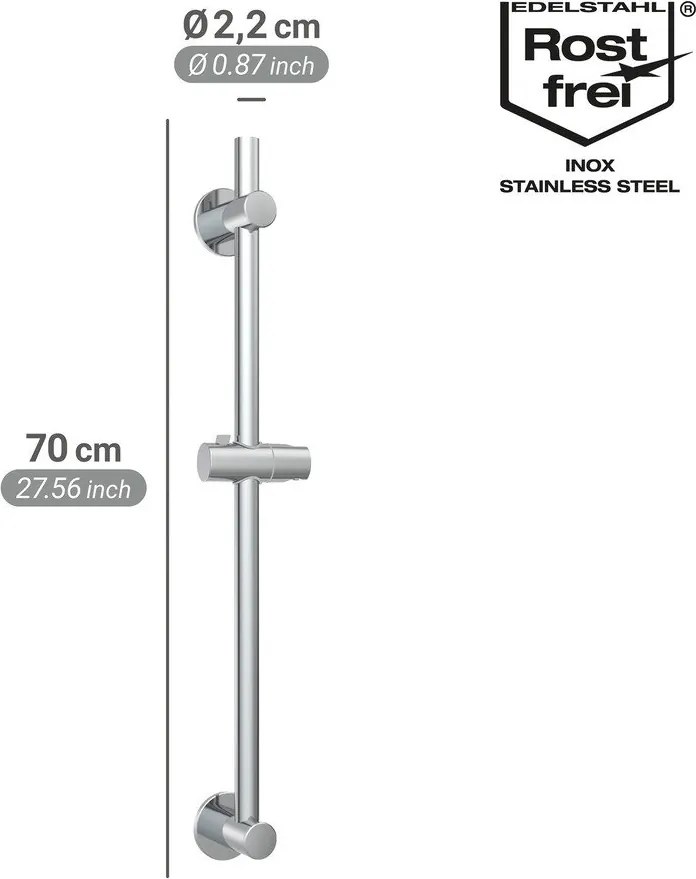 Sprchová tyč bez vŕtania z nehrdzavejúcej ocele v lesklej striebornej farbe posuvný držiak 70 cm – Wenko