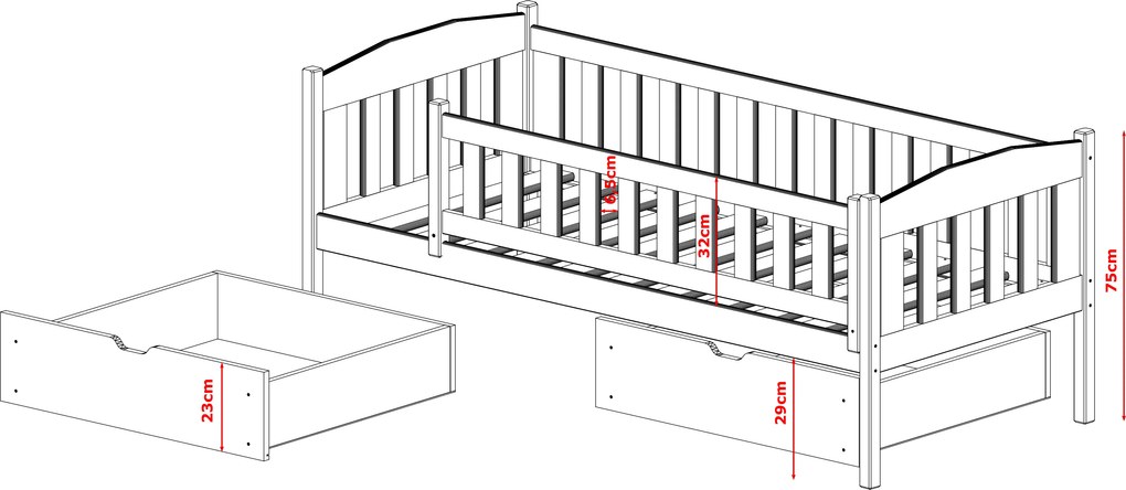 Detská posteľ z masívu GANDALF so šuplíkmi - 200x90 cm - ŠEDÁ