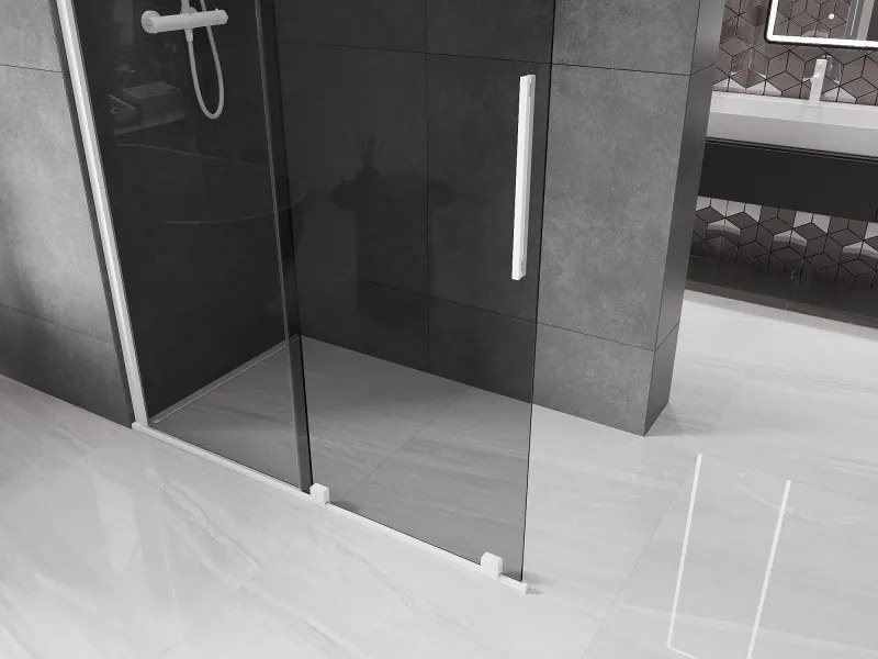 Mexen Velar, sprchová zástena s posuvnými dverami Walk-in 130 x 200 cm, 8mm šedé sklo, biela matná, 871-130-000-43-20