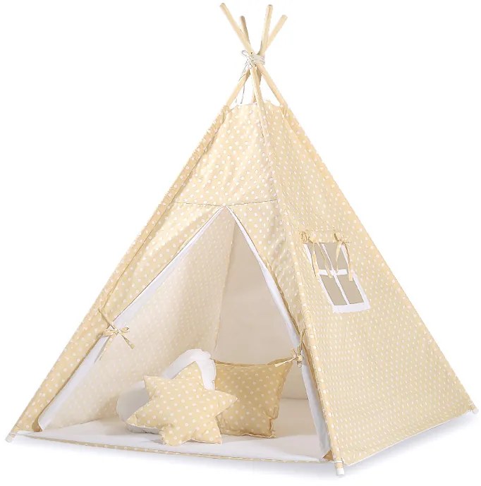 Bobono Stan Teepee pre deti + podložka na hranie + ozdobné pierka - Biele bodky na béžovej farbe