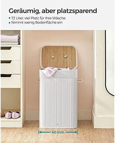 Bambusový kôš na bielizeň, skladací s objemom 72 l, 40 x 30 x 60 cm, biely