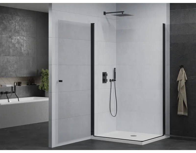 Mexen Pretoria Duo, sprchovací kút s 2-krídlovými dverami 90 (dvere) x 80 (dvere) cm, 6mm číre sklo, čierny profil + slim sprchová vanička 5cm biela s čiernym sifónom, 852-090-080-70-02-4010B