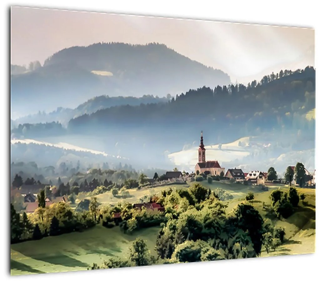 Obraz - dedinka v hmle (70x50 cm)