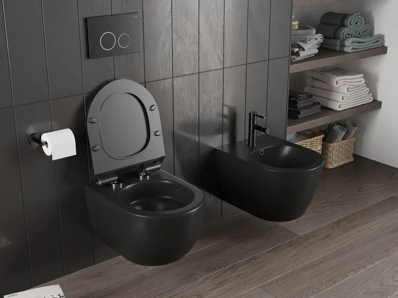 Mexen Carmen, závesná WC misa 490x365x340 mm, Rimless Tornádo + WC sedadlo z duroplastu, čierna matná, 30880185T