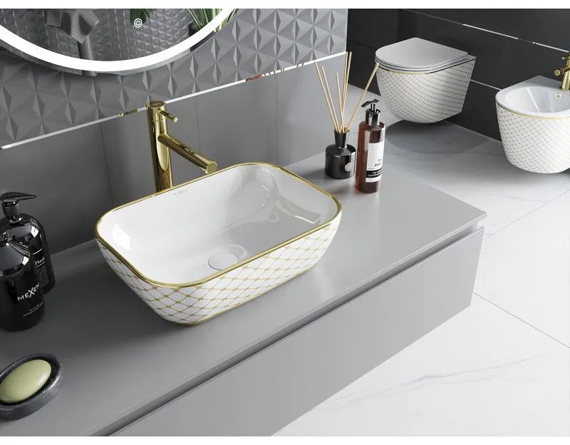 Mexen Rita, umývadlo na dosku 45x32x14 cm, biela lesklá-zlatý vzor, 21084509