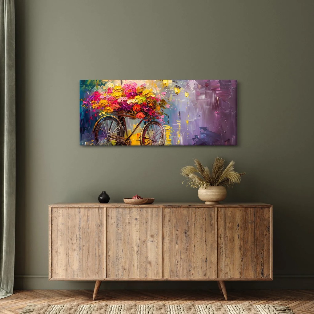 Obraz - Bicykel s kvetmi (120x50 cm)