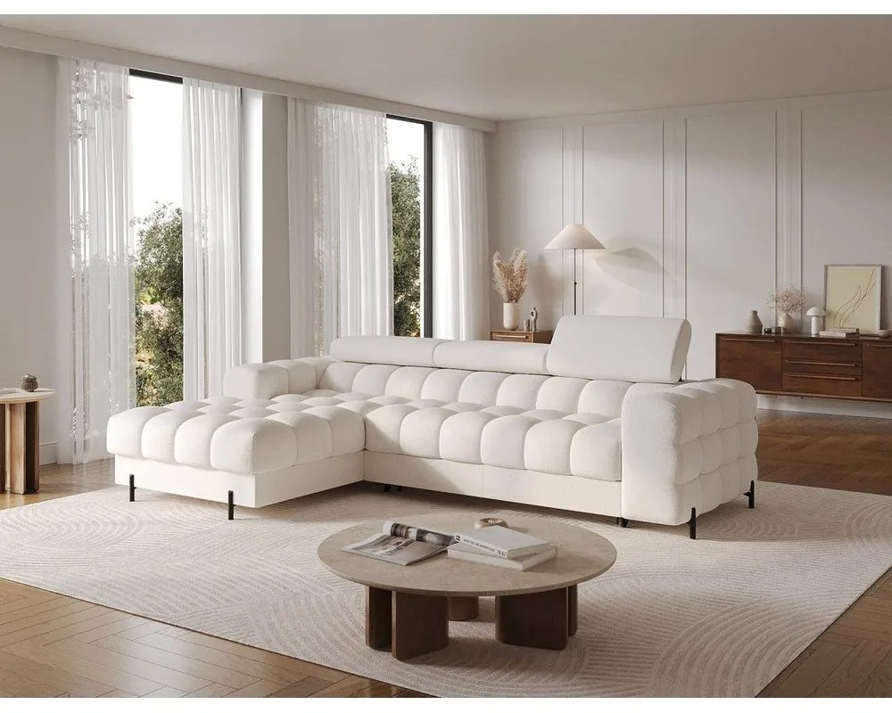 Krémovobiela rozkladacia/s úložným priestorom rohová pohovka z textílie buklé (ľavý roh/s leňoškou) Felro – ELTAP