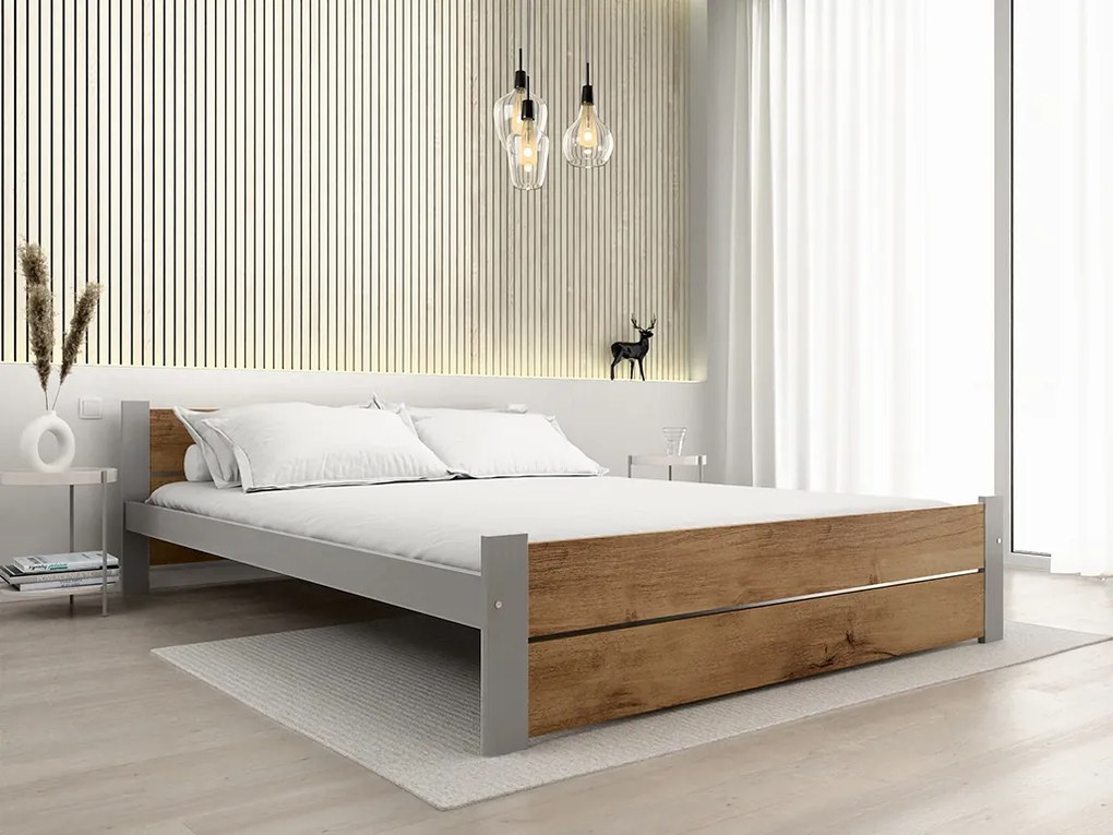 Posteľ IKAROS DOUBLE 160 x 200 cm, dub artisan/sivá Rošt: S lamelovým roštom, Matrac: Matrac Coco Maxi 20 cm