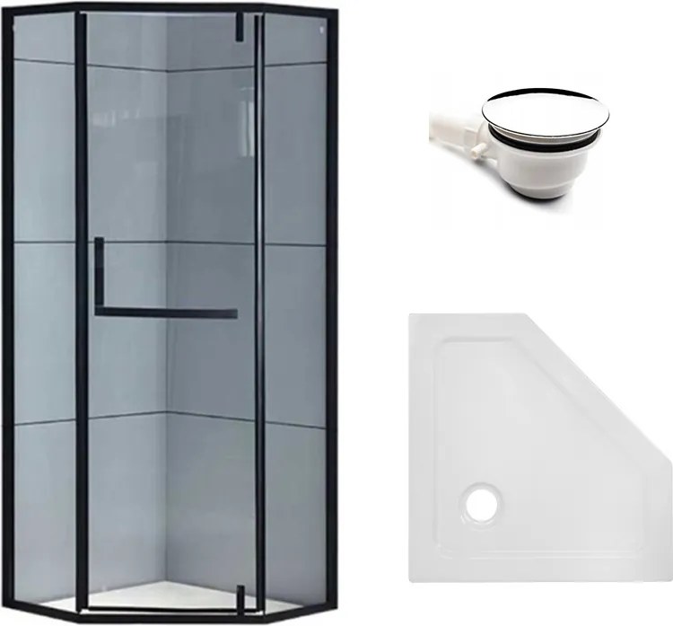 BPS-koupelny Päťuholníkový sprchový kút HYD-PK4026B 90x90 čierna/transparent + vanička HYD-PSV-ST07B biela