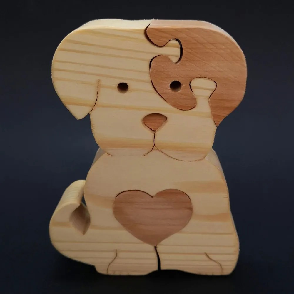 AMADEA Drevené puzzle pes, masívne drevo dvoch druhov drevín, 11x15x3 cm