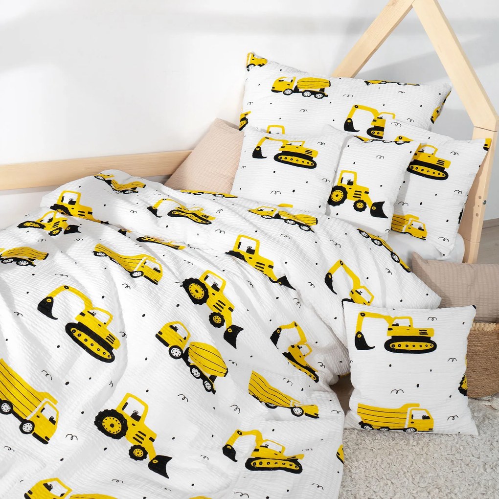 Goldea detské krepové obliečky - bagre a stavebné autá 140 x 200 a 70 x 90 cm