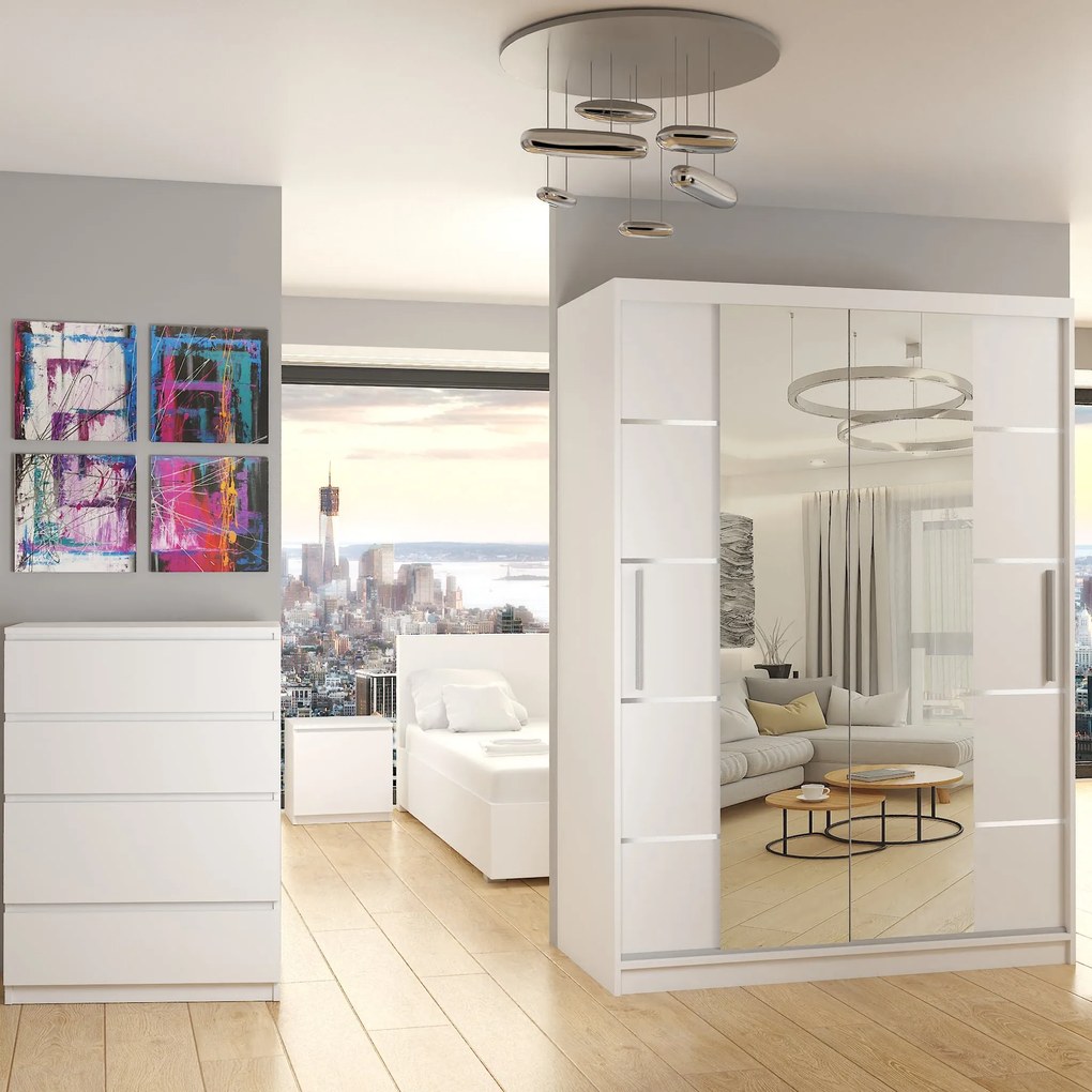 Šatníková skriňa 133 cm Belini biely mat s posuvnými dverami zrkadlom a zásuvkami ME SZP6/1/W/W/0/KLAL