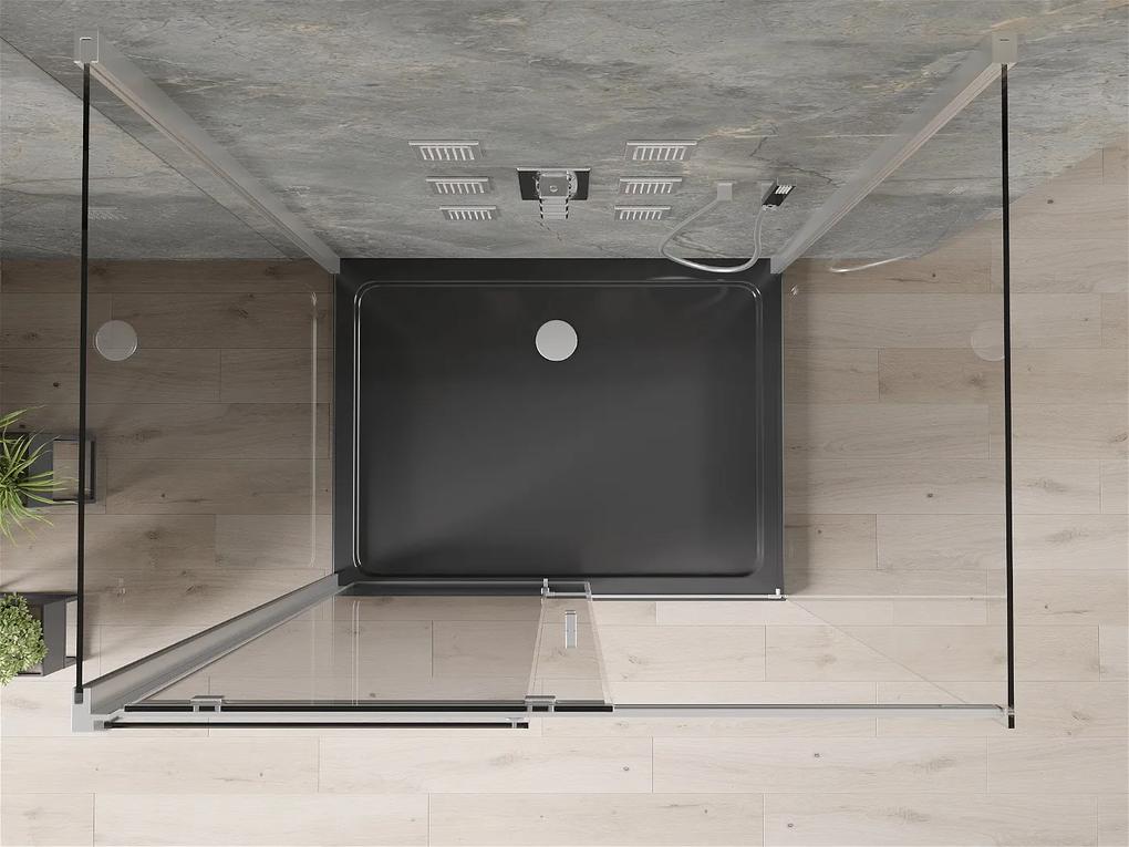 Mexen Omega, 3-stenový sprchovací kút s posuvnými dverami 100 (dvere) x 100 (stena) x 190 cm, 8mm číre sklo, chrómový profil + čierna sprchová vanička SLIM, 825-100-100-01-00-3S-4070