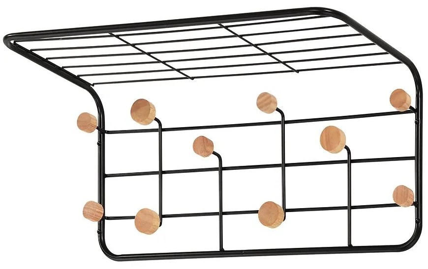 Nástenný vešiak s policou a háčikmi G6938 čierna/prírodná