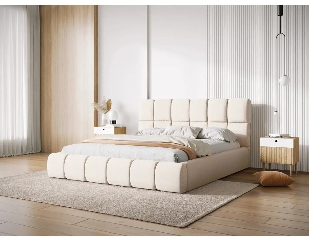 Krémovobiela čalúnená dvojlôžková posteľ s úložným priestorom s roštom 160x200 cm Bellis – Micadoni Home