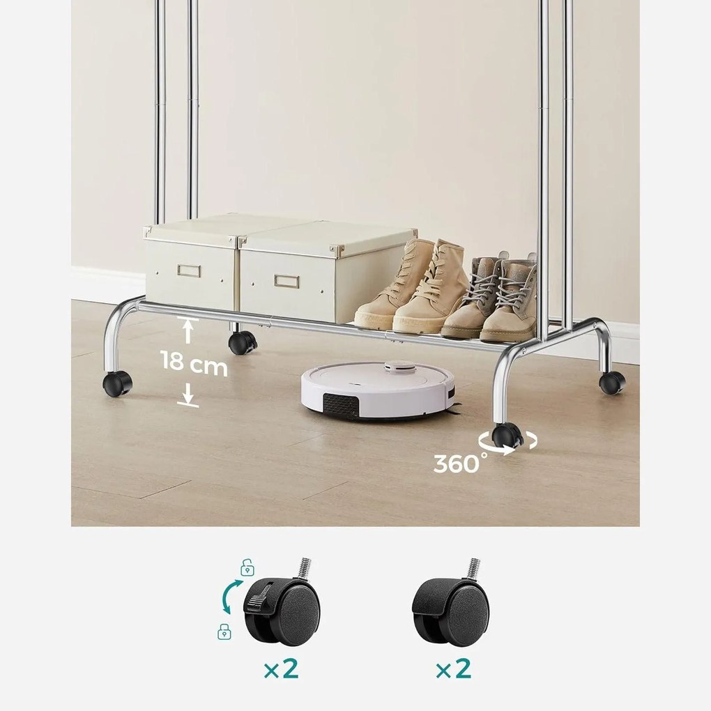 Stojan na šaty, s dvojitou tyčou a policou, kovový, strieborná farba