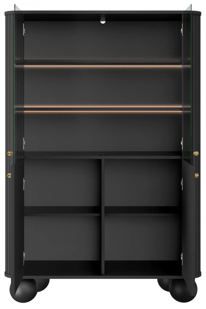 Vitrína Vesper 103 cm štvordverová - čierna / zlaté úchytky / guľaté nohy