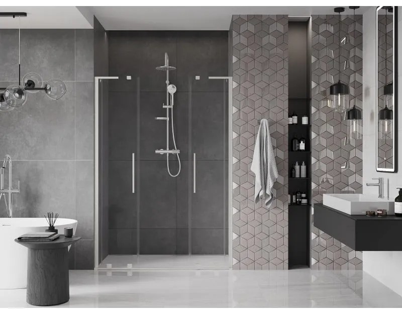 Mexen Velar L Duo, posuvné sprchové dvere do otvoru 160 cm, 8mm číre sklo, brúsená oceľ, 871-160-003-02-97