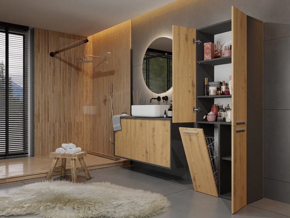 Kúpeľňová skrinka s košom na bielizeň NEL ART I antracit/dub artisan