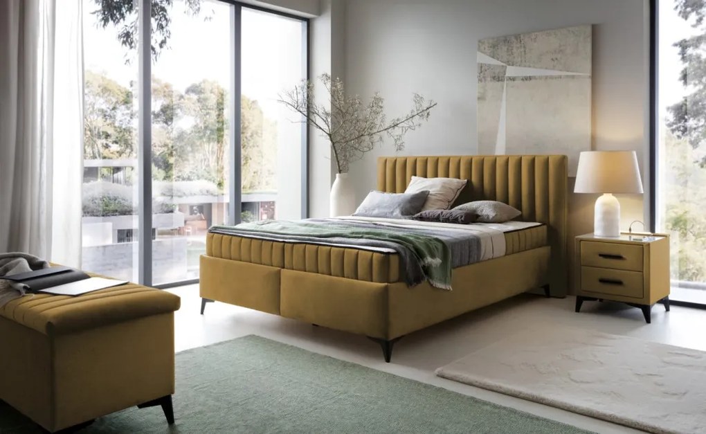 Nočný stolík s 2 zásuvkami Joy, horčicovo žltá látka