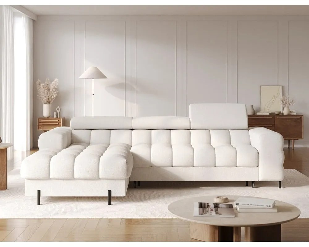 Krémovobiela rozkladacia/s úložným priestorom rohová pohovka z textílie buklé (ľavý roh/s leňoškou) Felro – ELTAP