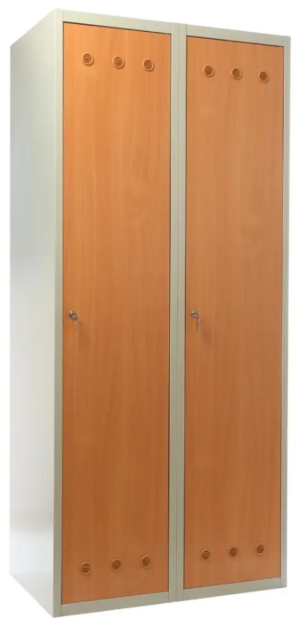Kovová šatníková skrinka s drevenými dverami, 80 x 50 x 180 cm, cylindrický zámok, buk