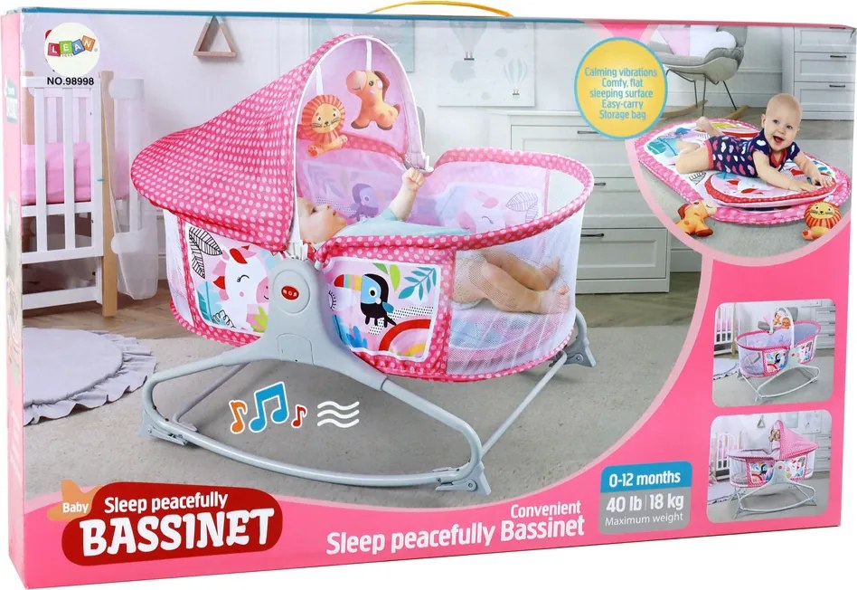 LEAN Toys Multifunkčná detská postieľka 2v1 Detská podložka Zvuky Vibrácie Ružová
