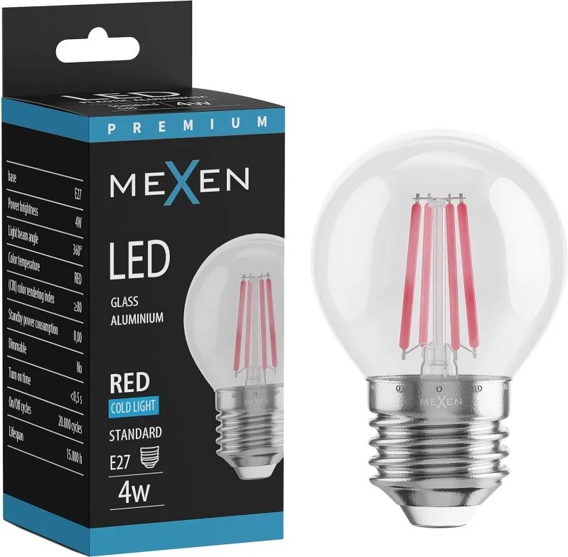 Mexen Vintis, LED filamentová žiarovka E27, G45, 4 W, červená, číra, L156-E27-04XX-45