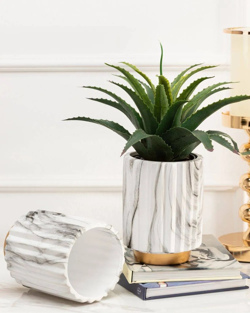 KERAMICKÝ KVETINÁČ BLUM MARBELING GOLD 16X12 CM BIELA/ZLATÁ