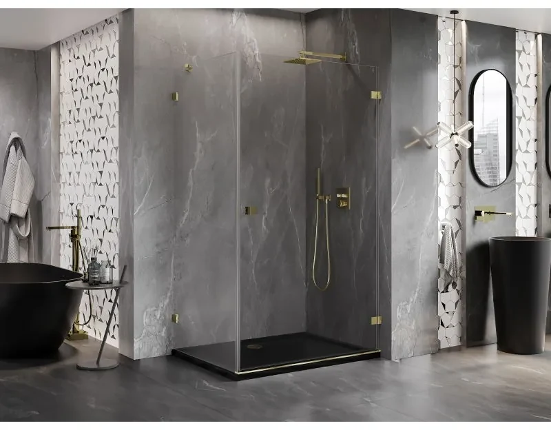 Mexen Lunar-B, pravostranný výklopný sprchový kút 100 x 90 cm, 8mm číre sklo, zlatý profil, 832-100-090-50-00-P