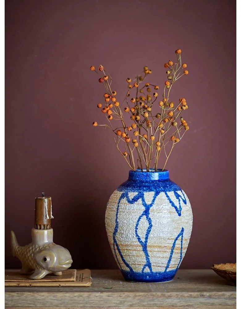 Modrá/krémová váza z kameniny (výška 16 cm) Avon – Bloomingville