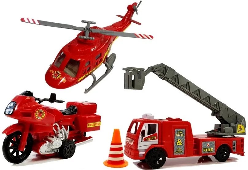 LEAN TOYS Sada hasičských vozidiel - vrtuľník, vozidlo, motorka - červená