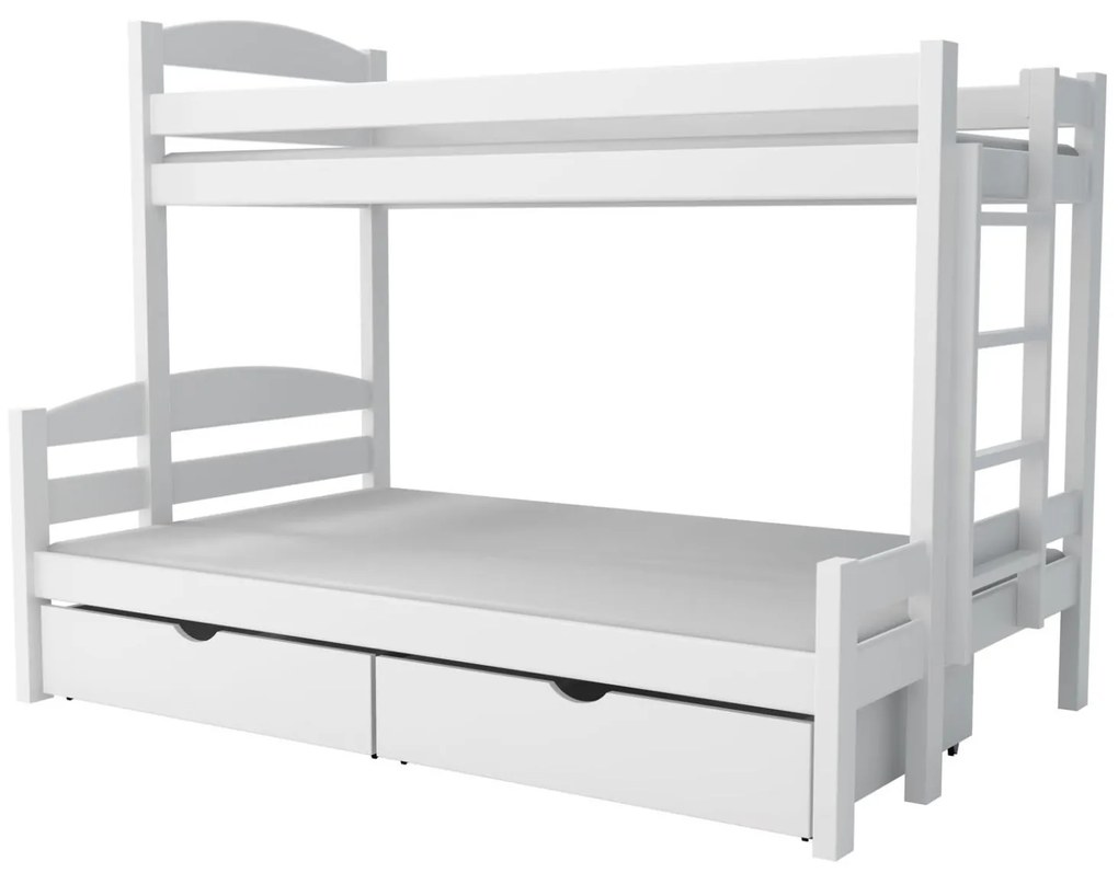 Detská poschodová posteľ z masívu borovice s rozšíreným spodným lôžkom SAVANA so šuplíkmi - 200x90/140 cm - BIELA