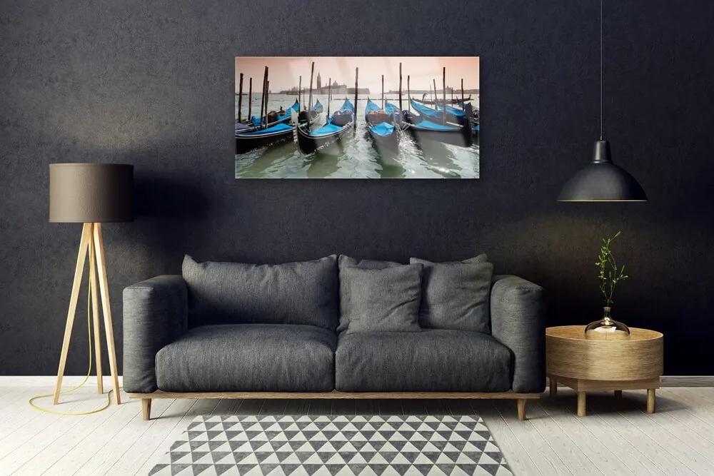 Skleneny obraz Loďka voda architektúra 125x50 cm